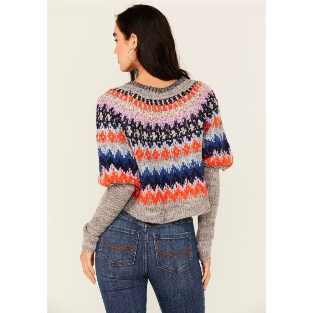 Free People Fair Isle Cropped Wool Blend Sweater Gray Orange Blue Multi L/XL - Picture 2 of 11